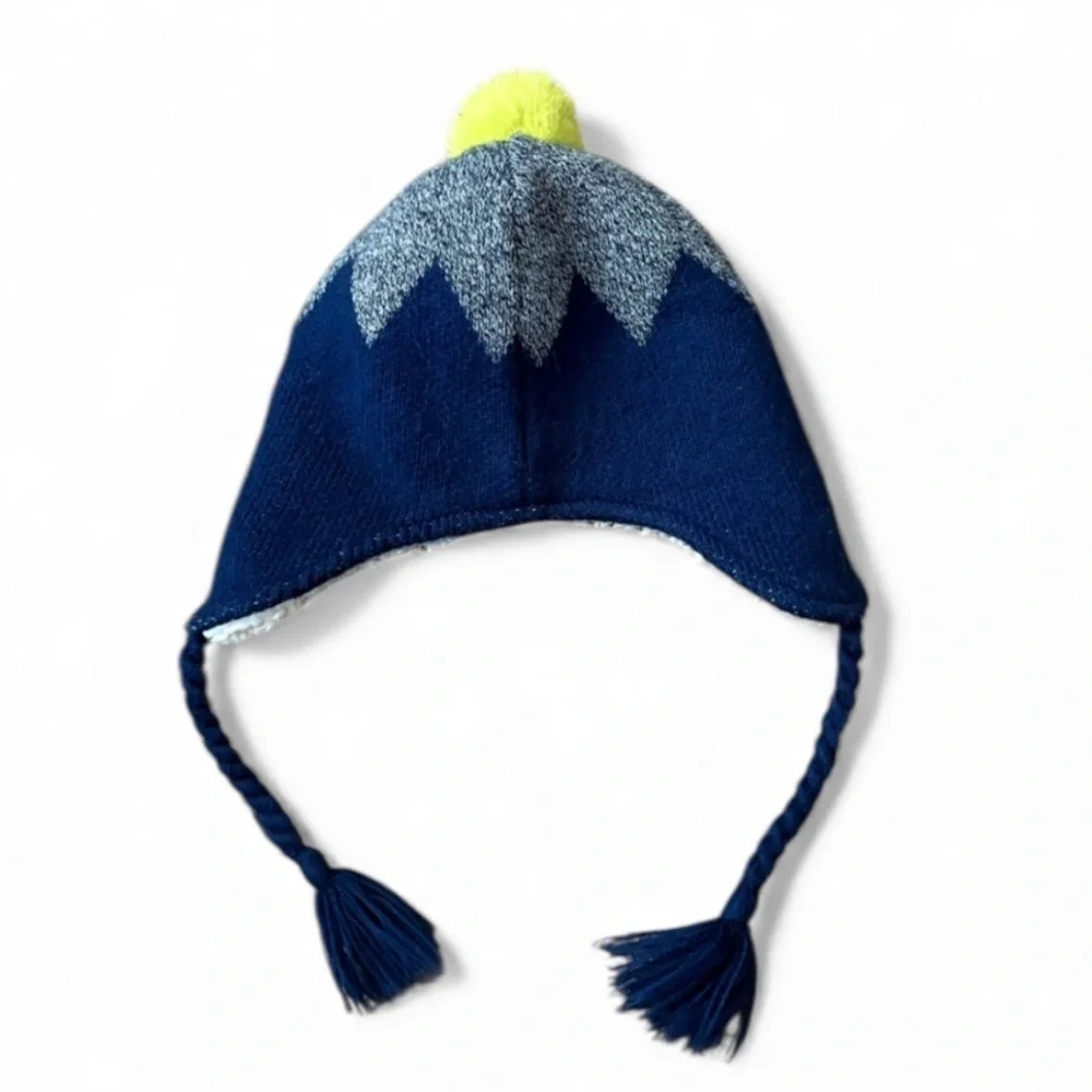 Lands' End Blue Gray Kids Pom-Pom Hat Ski Medium Large Braid Tassel